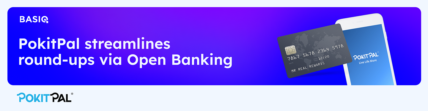 White text reads "PokitPal streamlines round-ups via Open Banking" With PokitPal logo