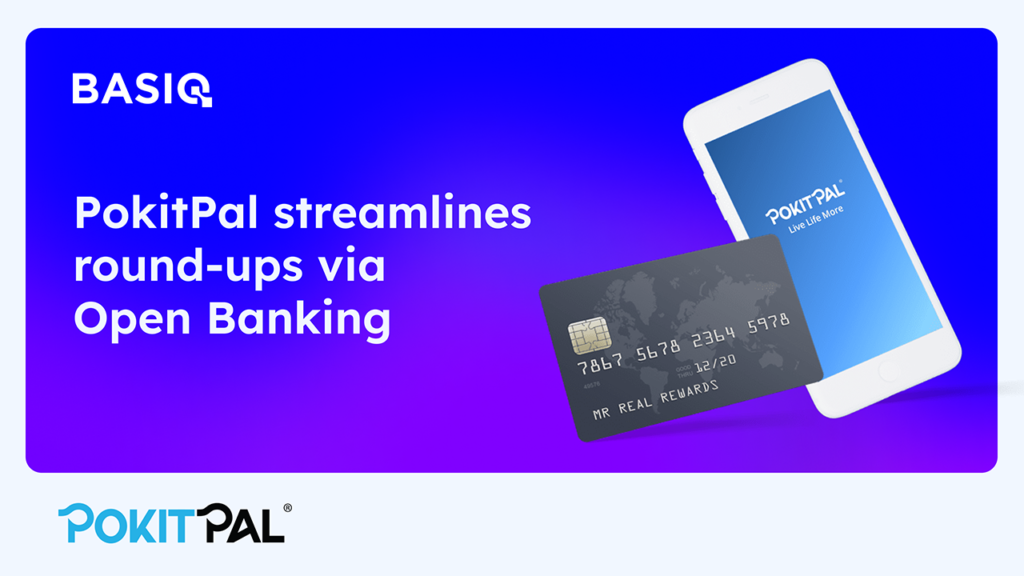 White text reads "PokitPal streamlines round-ups via Open Banking" With PokitPal logo