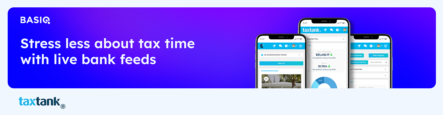 Text reads: Stress less about tax time with live bank feeds. Includes the tax tank logo and screenshots of their platform
