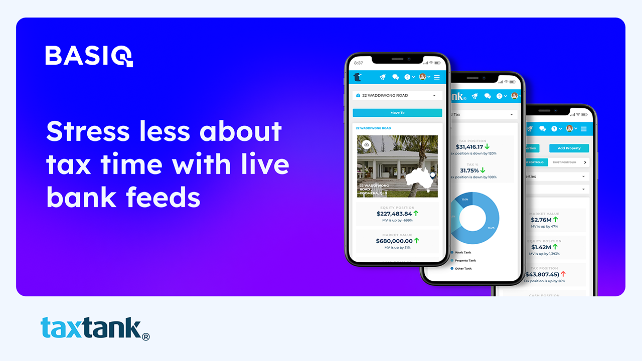 Text reads: Stress less about tax time with live bank feeds. Includes the tax tank logo and screenshots of their platform
